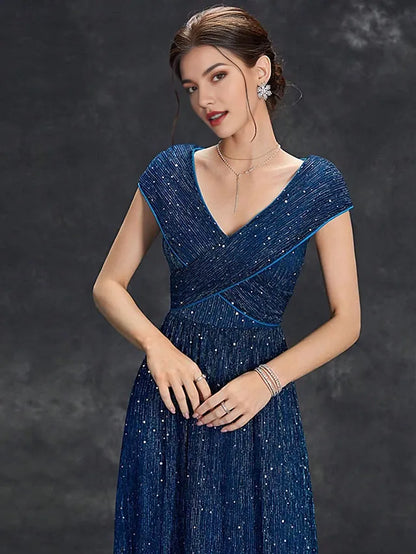 Dress Mother of the Bride Dress Elegant Party V Neck Floor Length Chiffon Short Sleeve With Sequin Evening Dress