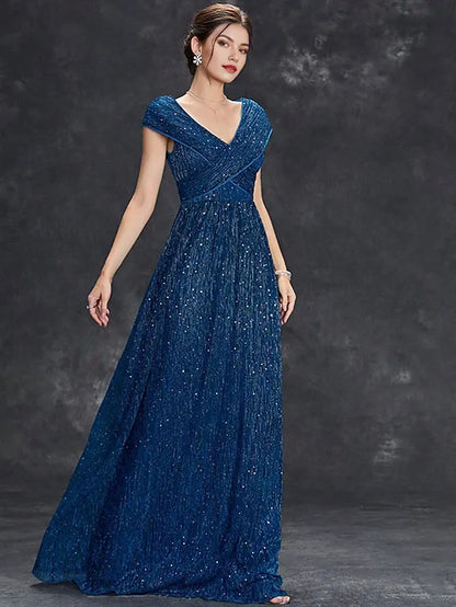 Dress Mother of the Bride Dress Elegant Party V Neck Floor Length Chiffon Short Sleeve With Sequin Evening Dress