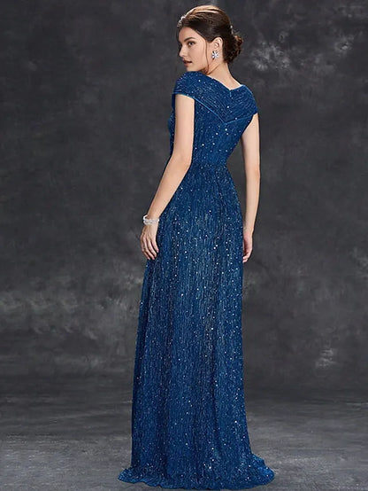 Dress Mother of the Bride Dress Elegant Party V Neck Floor Length Chiffon Short Sleeve With Sequin Evening Dress