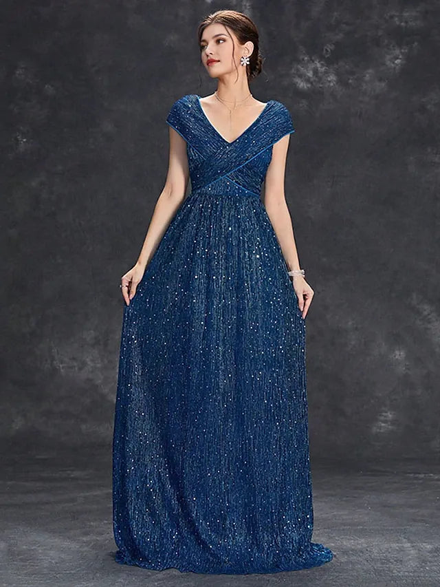 Dress Mother of the Bride Dress Elegant Party V Neck Floor Length Chiffon Short Sleeve With Sequin Evening Dress