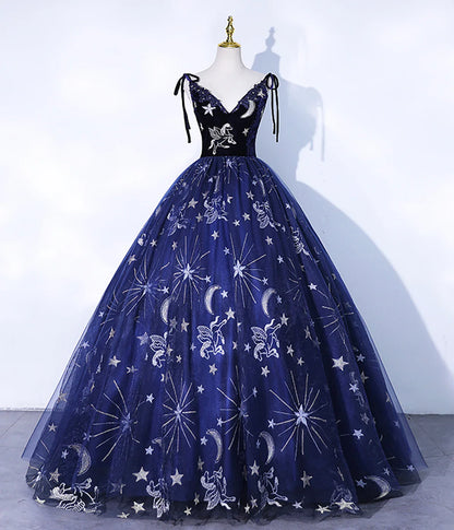 Dress Navy Blue Spaghetti Straps Embroidery Tulle Long Prom Dress Formal Dress Party Dress