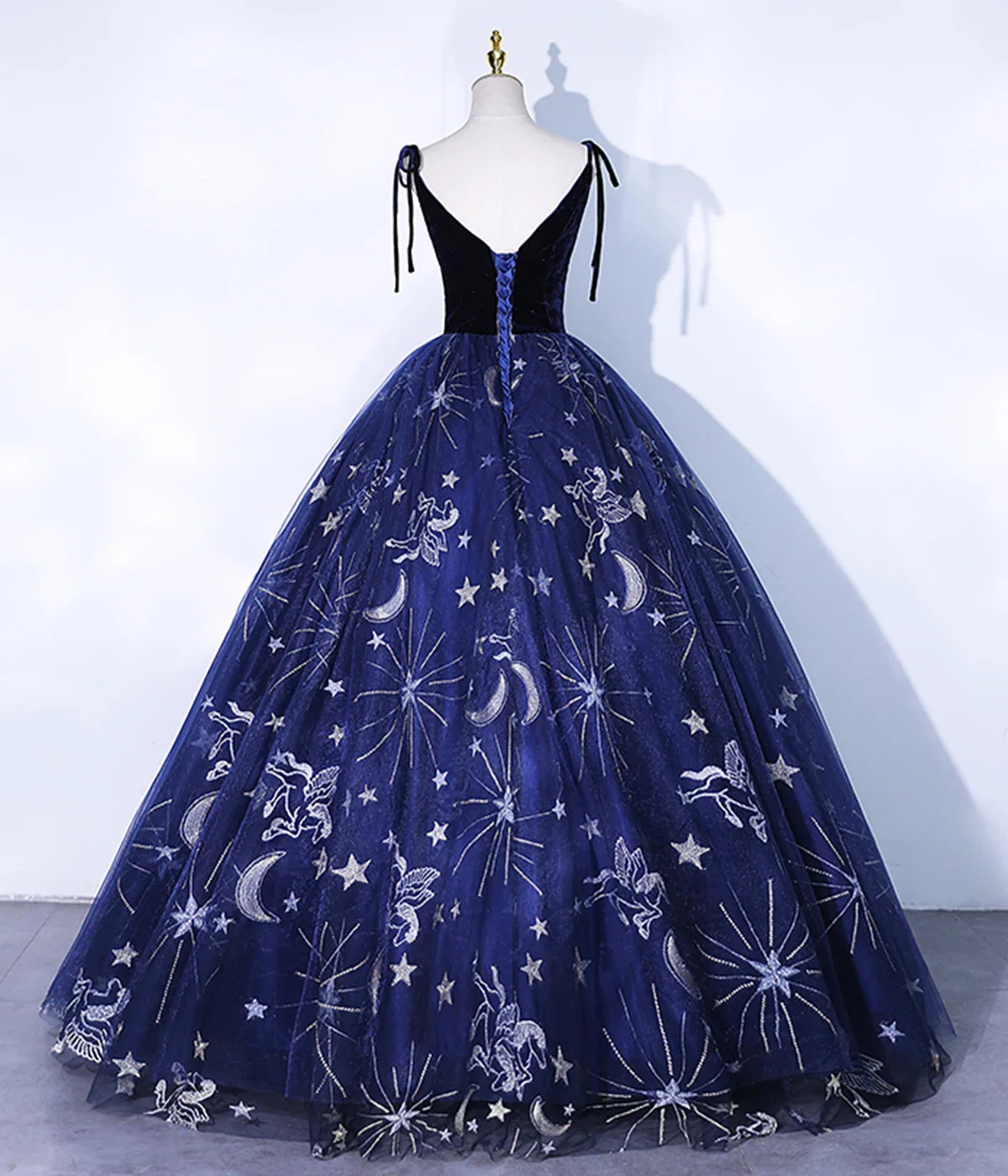 Dress Navy Blue Spaghetti Straps Embroidery Tulle Long Prom Dress Formal Dress Party Dress