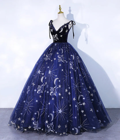 Dress Navy Blue Spaghetti Straps Embroidery Tulle Long Prom Dress Formal Dress Party Dress