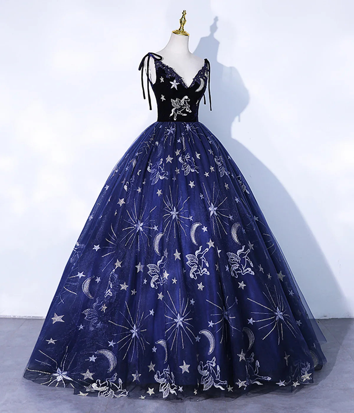 Dress Navy Blue Spaghetti Straps Embroidery Tulle Long Prom Dress Formal Dress Party Dress