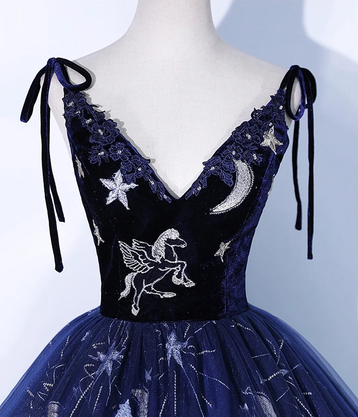 Dress Navy Blue Spaghetti Straps Embroidery Tulle Long Prom Dress Formal Dress Party Dress