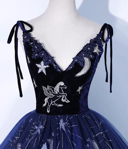 Dress Navy Blue Spaghetti Straps Embroidery Tulle Long Prom Dress Formal Dress Party Dress