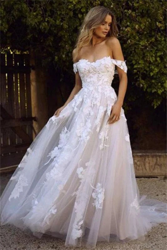 Dress Off-the-Shoulder A-Line Tulle Wedding Dress With Romantic Lace Appliques Bride Dress