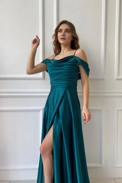 Dress Off-the-Shoulder Dark Green Party Dress Split Sleeveless Prom Dress