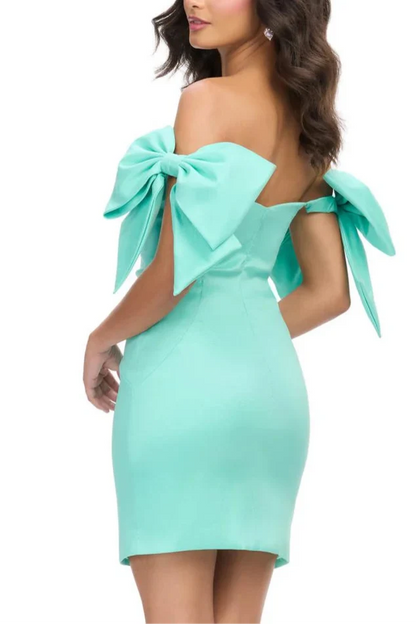 Dress Off-the-Shoulder Dress Sheath Column Sleeveless Sweetheart Solid Color Short Homecoming Dress With Bowknot