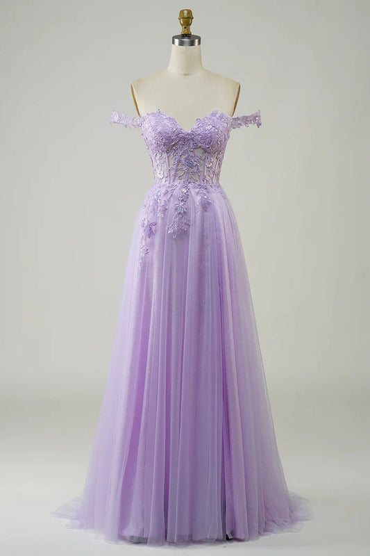 Dress Off-the-Shoulder Purple Corset A-Line Long Tulle Party Dress With Lace Prom Dress