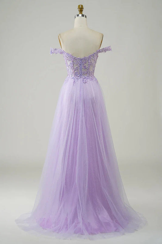 Dress Off-the-Shoulder Purple Corset A-Line Long Tulle Party Dress With Lace Prom Dress