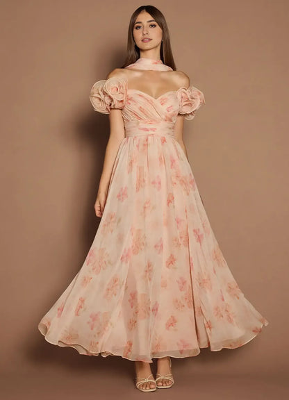 Dress Off-the-Shoulder Sweetheart Elegant Maxi Dress Prom Dress Romantic Printed A-Line Evening Dress With Scarf