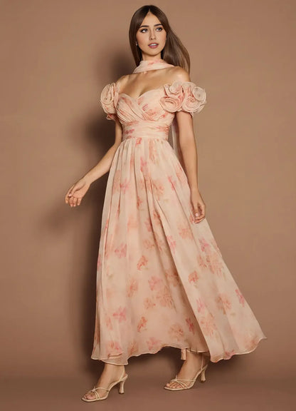 Dress Off-the-Shoulder Sweetheart Elegant Maxi Dress Prom Dress Romantic Printed A-Line Evening Dress With Scarf