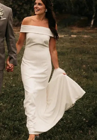 Dress Off-the-shoulder Satin Floor-length Court Train Trumpet Sleeveless Casual Wedding Dress/No Veils