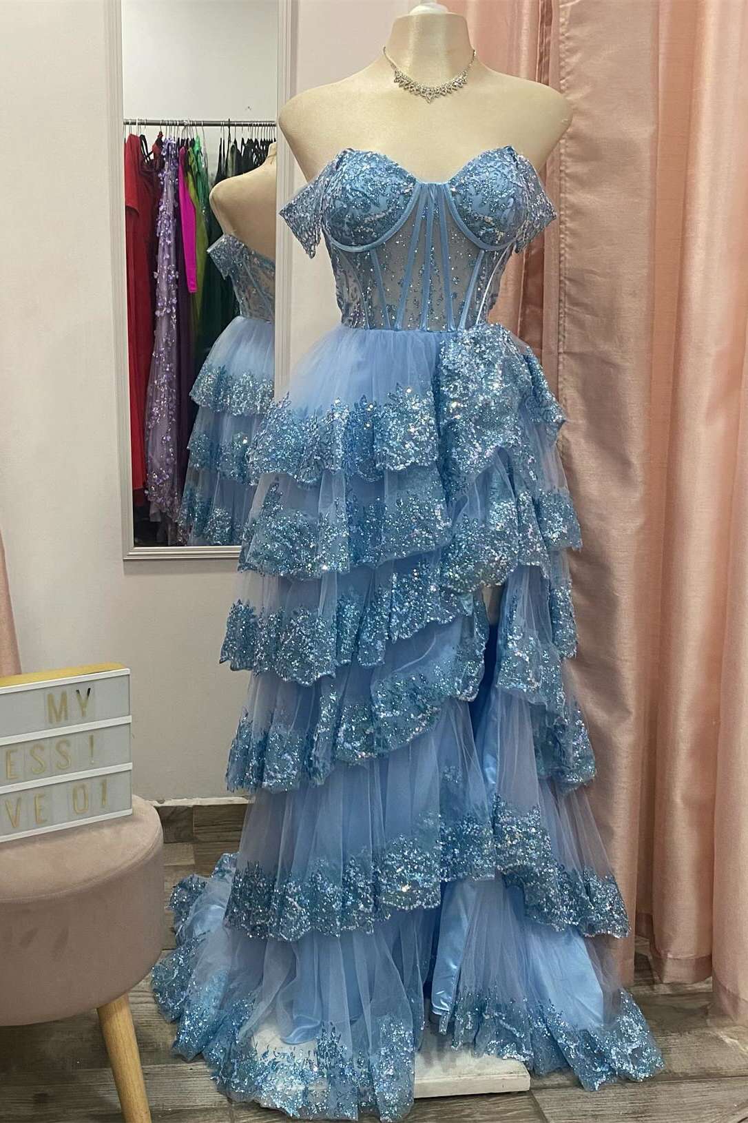 Dress Off Shoulder Blue Sequin Ruffle Tiered Long Dress Prom Dress