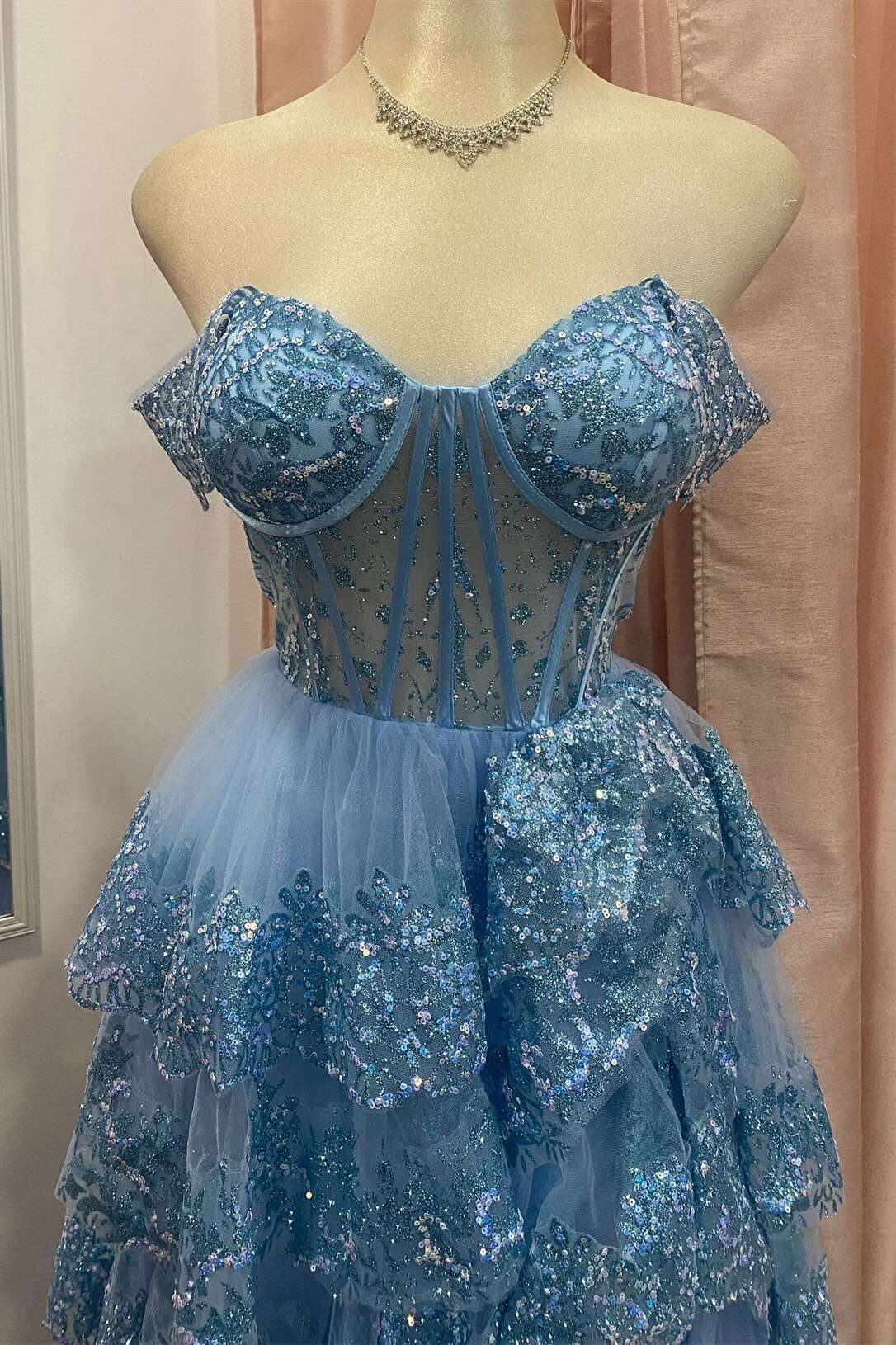 Dress Off Shoulder Blue Sequin Ruffle Tiered Long Dress Prom Dress