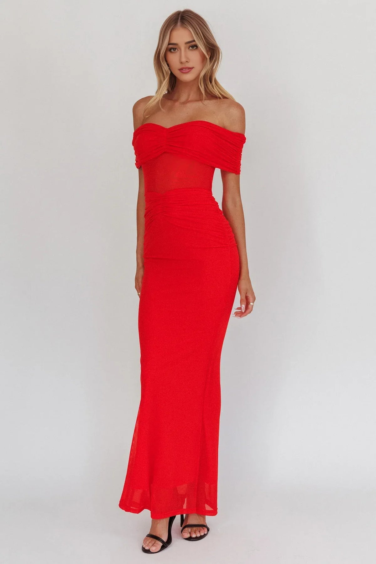Dress Sage Green Off Shoulder Maxi Dress with Ruched Bodice and Sheer Panel Prom Dress