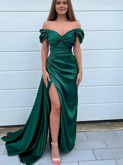 Dress Off Shoulder Side Slit Maxi Dress Green Satin Party Prom Dress