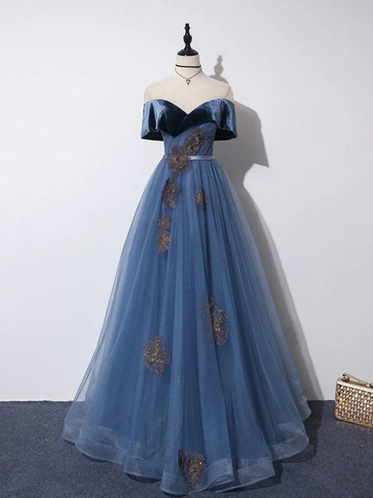 Dress Off Shoulder Tulle Gray Blue Long Prom Dress Blue Formal Dress Evening Gown Party Dress