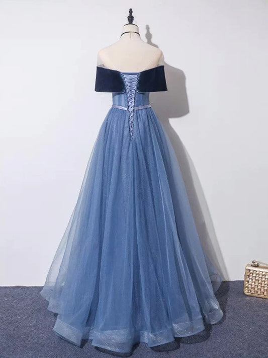 Dress Off Shoulder Tulle Gray Blue Long Prom Dress Blue Formal Dress Evening Gown Party Dress