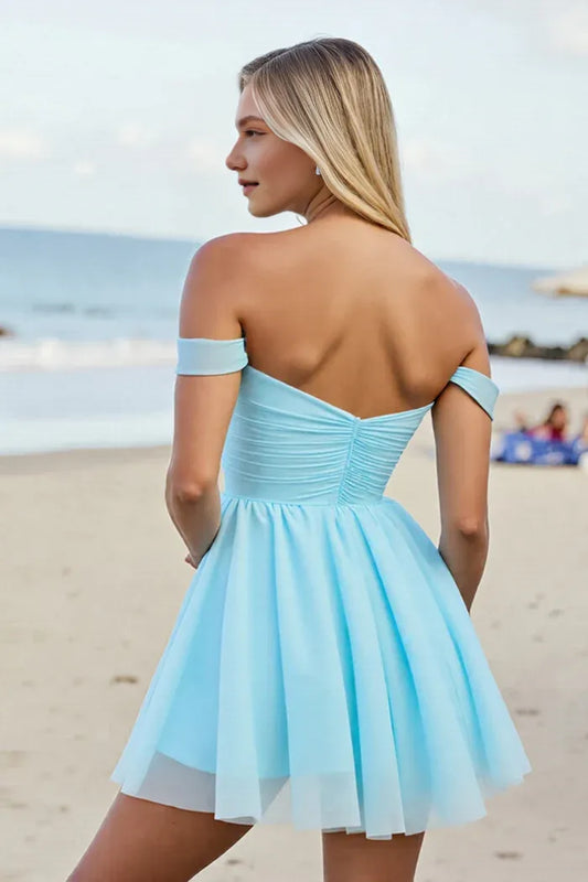 Dress Off The Shoulder Light Blue A Line Short Homecoming Dress Zipper Up Party Dress
