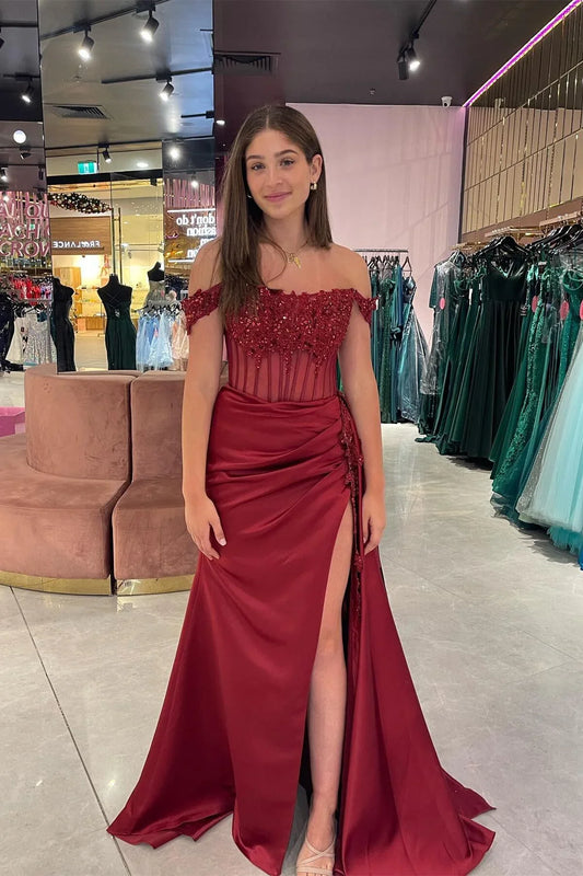Dress Off the Shoulder Appliques Corset Formal Dress Side Slit Maxi Dress Prom Dress