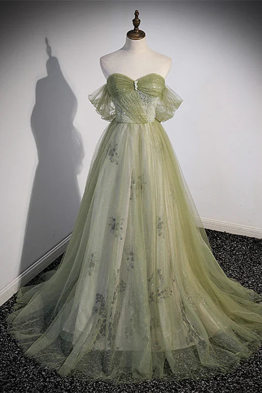 Dress Off the Shoulder Green Tulle A-line Fairy Long Formal Dress Prom Dress