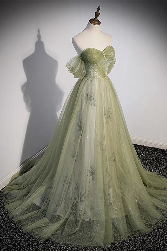 Dress Off the Shoulder Green Tulle A-line Fairy Long Formal Dress Prom Dress
