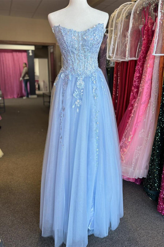 Dress Off the Shoulder Lace-up Back Strapless Light Blue Appliques A-line Maxi Dress Prom Dress