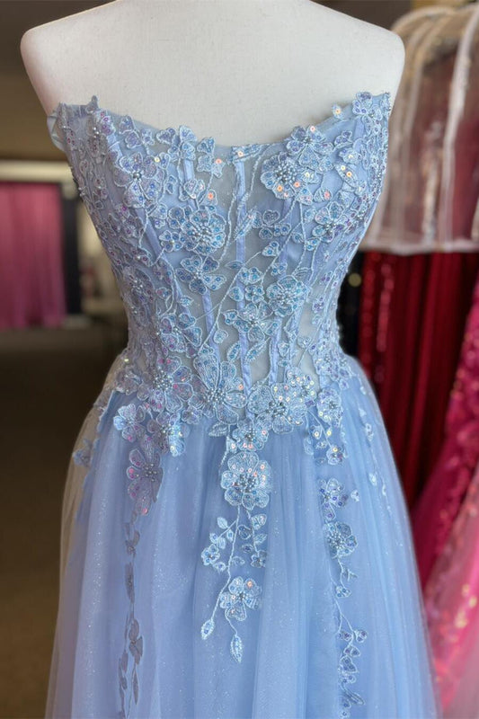 Dress Off the Shoulder Lace-up Back Strapless Light Blue Appliques A-line Maxi Dress Prom Dress