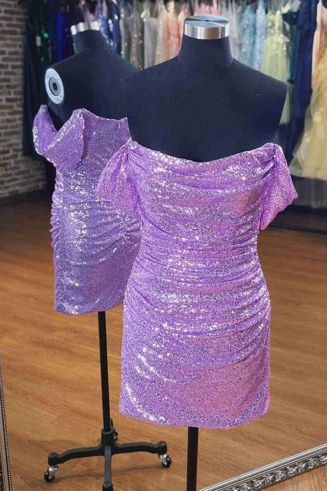 Dress Off the Shoulder Lavender Sequin Short Dress Homecoming Dress