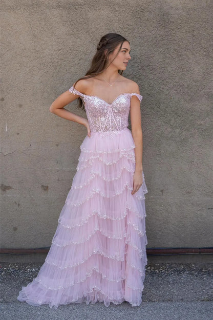 Dress Off the Shoulder Light Pink Sequin Tiered Long Dress Prom Dress
