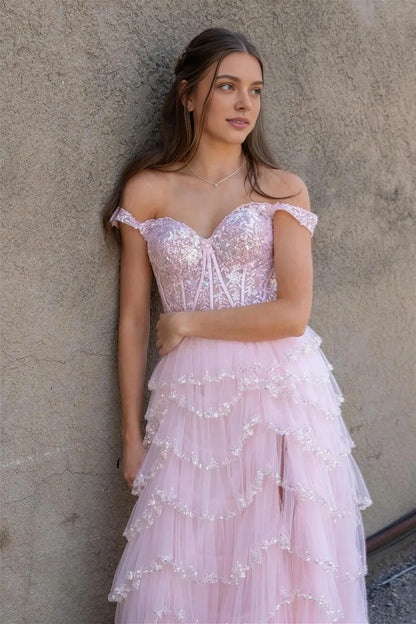 Dress Off the Shoulder Light Pink Sequin Tiered Long Dress Prom Dress