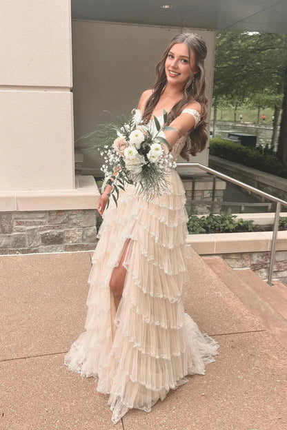 Dress Off the Shoulder Light Pink Sequin Tiered Long Dress Prom Dress