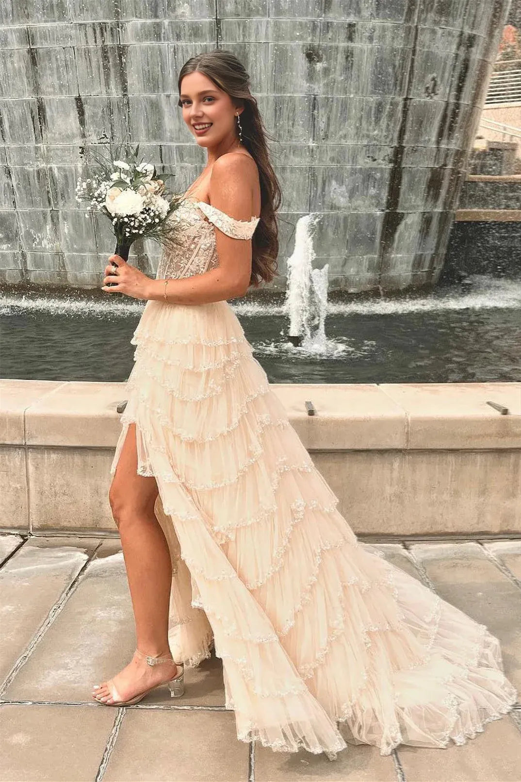 Dress Off the Shoulder Light Pink Sequin Tiered Long Dress Prom Dress