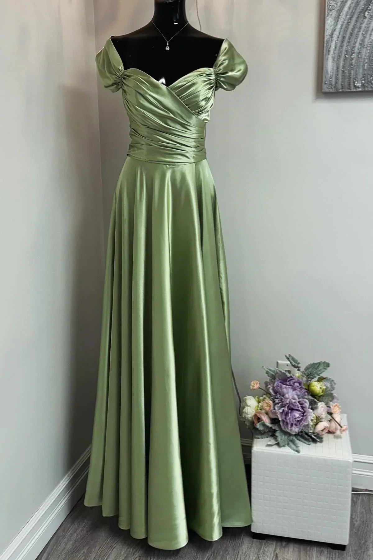 Dress Off the Shoulder Sage Green Ruched Long Dress Prom Dress