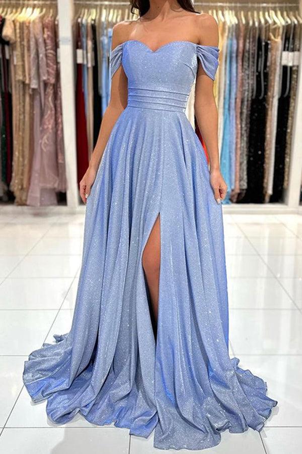 Dress Off the Shoulder Shiny Blue Long Prom Dresses Formal Dress