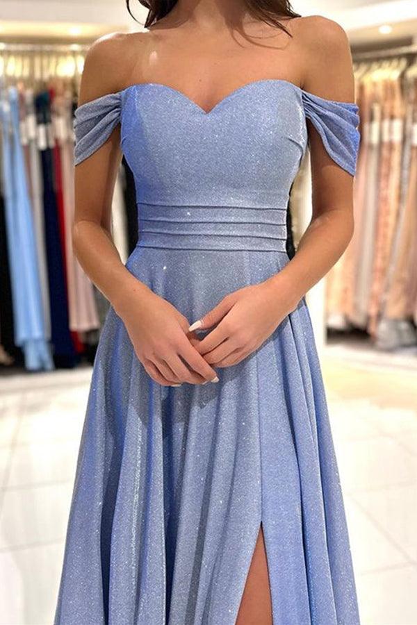 Dress Off the Shoulder Shiny Blue Long Prom Dresses Formal Dress