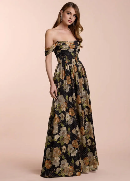 Dress Off the Shoulder Sleeveless Romantic Flower Printed Evening Dress Floor Length Lace Up Prom Dress