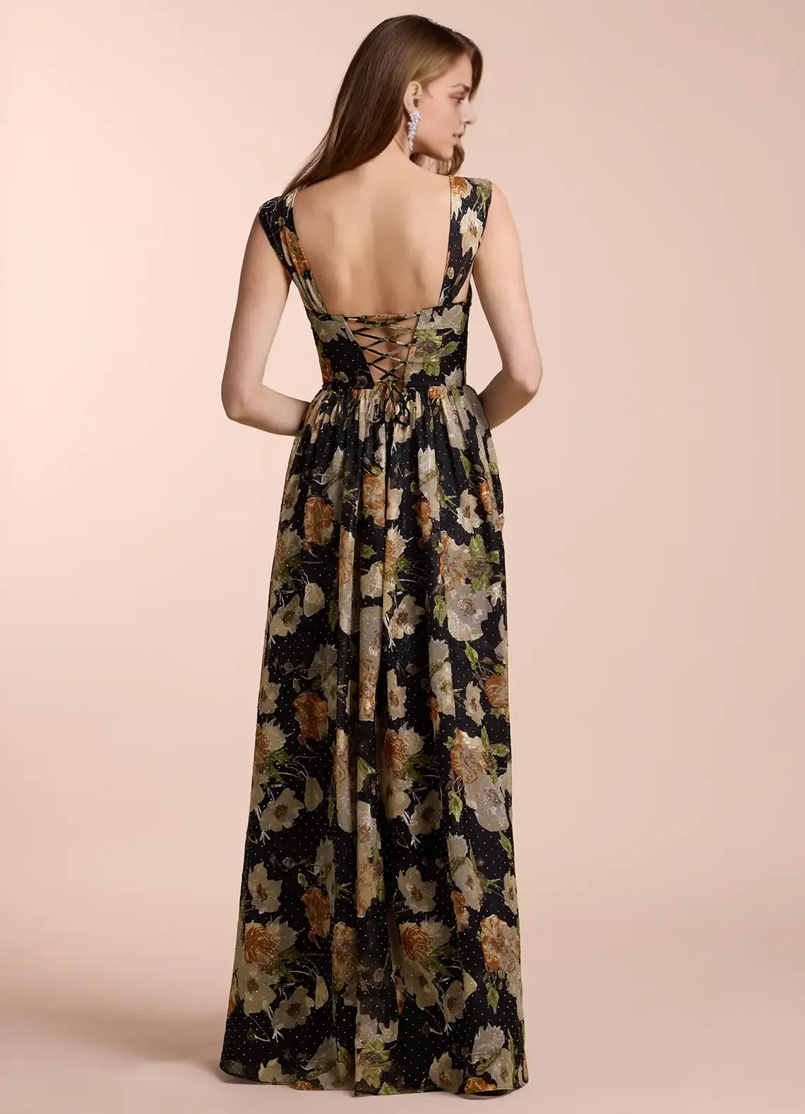 Dress Off the Shoulder Sleeveless Romantic Flower Printed Evening Dress Floor Length Lace Up Prom Dress