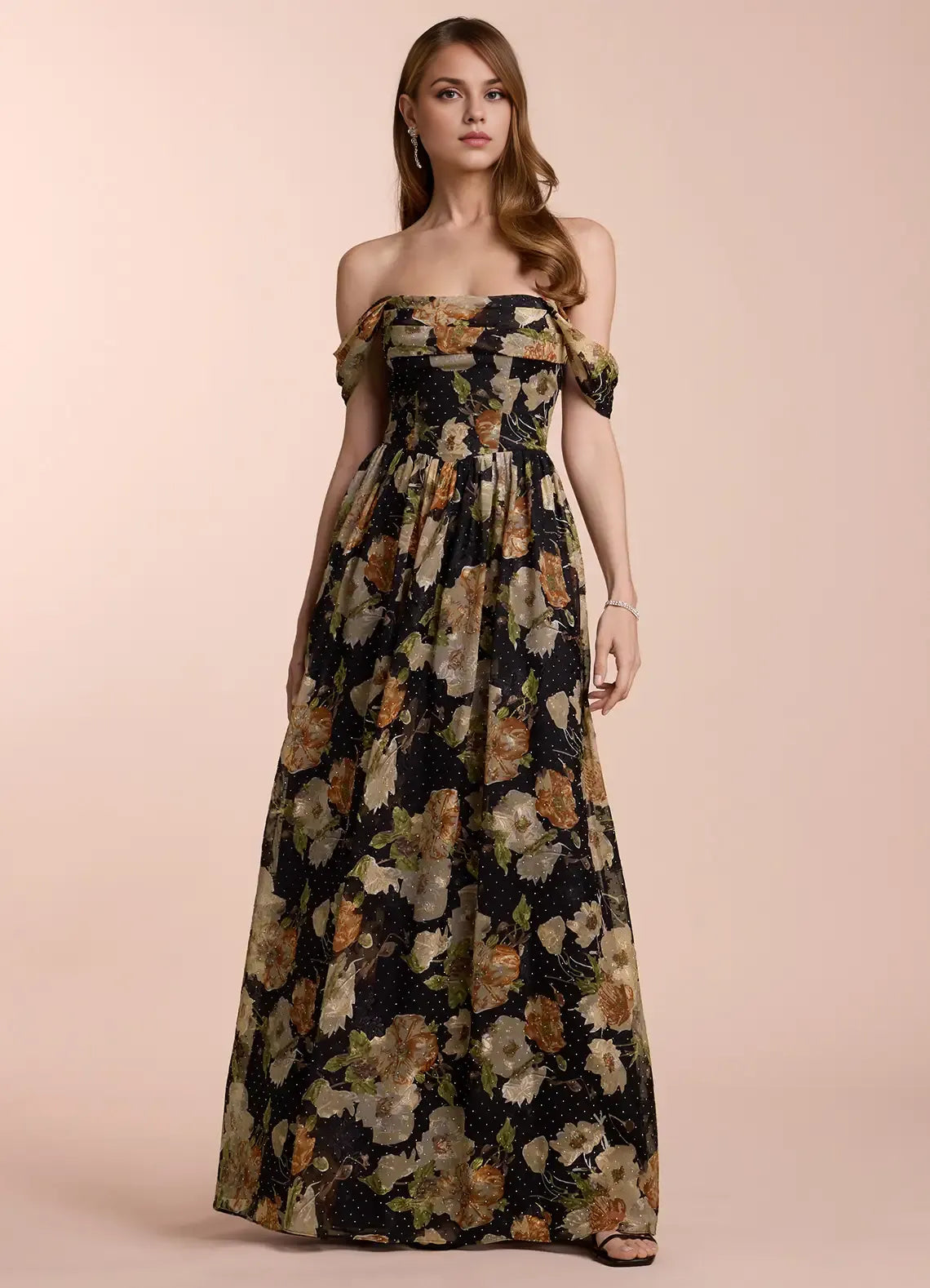 Dress Off the Shoulder Sleeveless Romantic Flower Printed Evening Dress Floor Length Lace Up Prom Dress