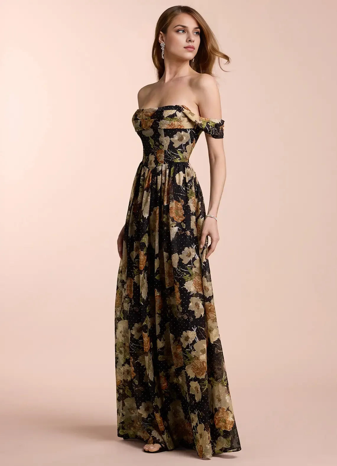Dress Off the Shoulder Sleeveless Romantic Flower Printed Evening Dress Floor Length Lace Up Prom Dress