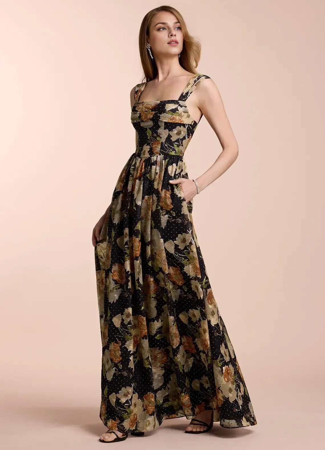 Dress Off the Shoulder Sleeveless Romantic Flower Printed Evening Dress Floor Length Lace Up Prom Dress