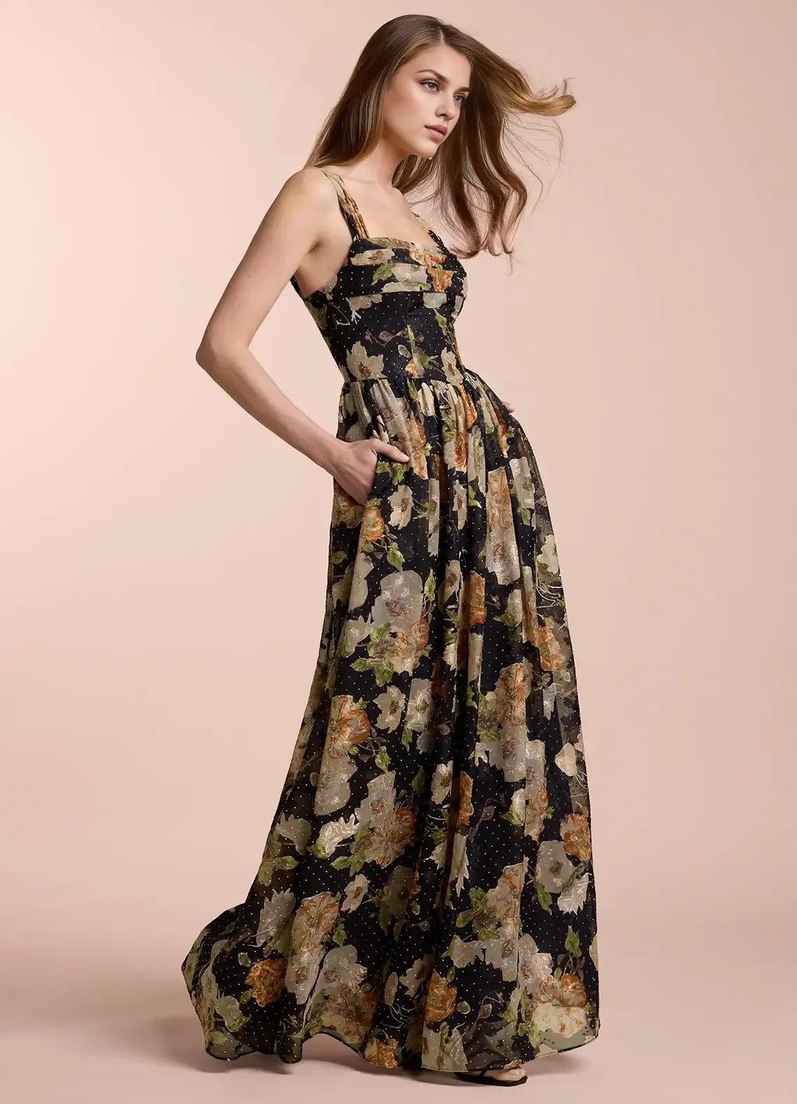 Dress Off the Shoulder Sleeveless Romantic Flower Printed Evening Dress Floor Length Lace Up Prom Dress