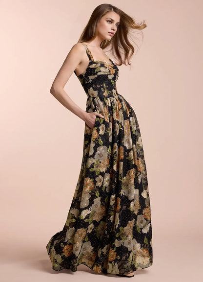 Dress Off the Shoulder Sleeveless Romantic Flower Printed Evening Dress Floor Length Lace Up Prom Dress