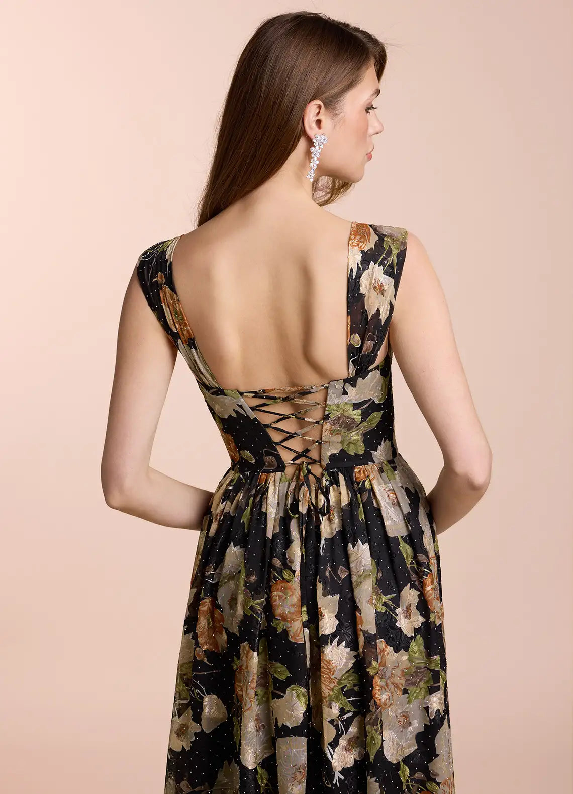 Dress Off the Shoulder Sleeveless Romantic Flower Printed Evening Dress Floor Length Lace Up Prom Dress