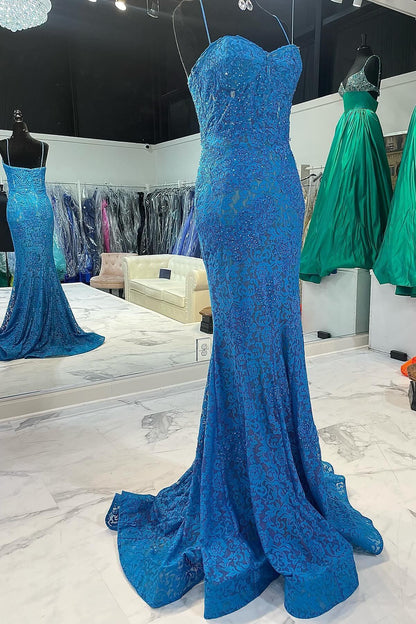 Dress Off the Shoulder Spaghetti Straps Blue Mermaid Dress Lace Applique Maxi Dress Prom Dress
