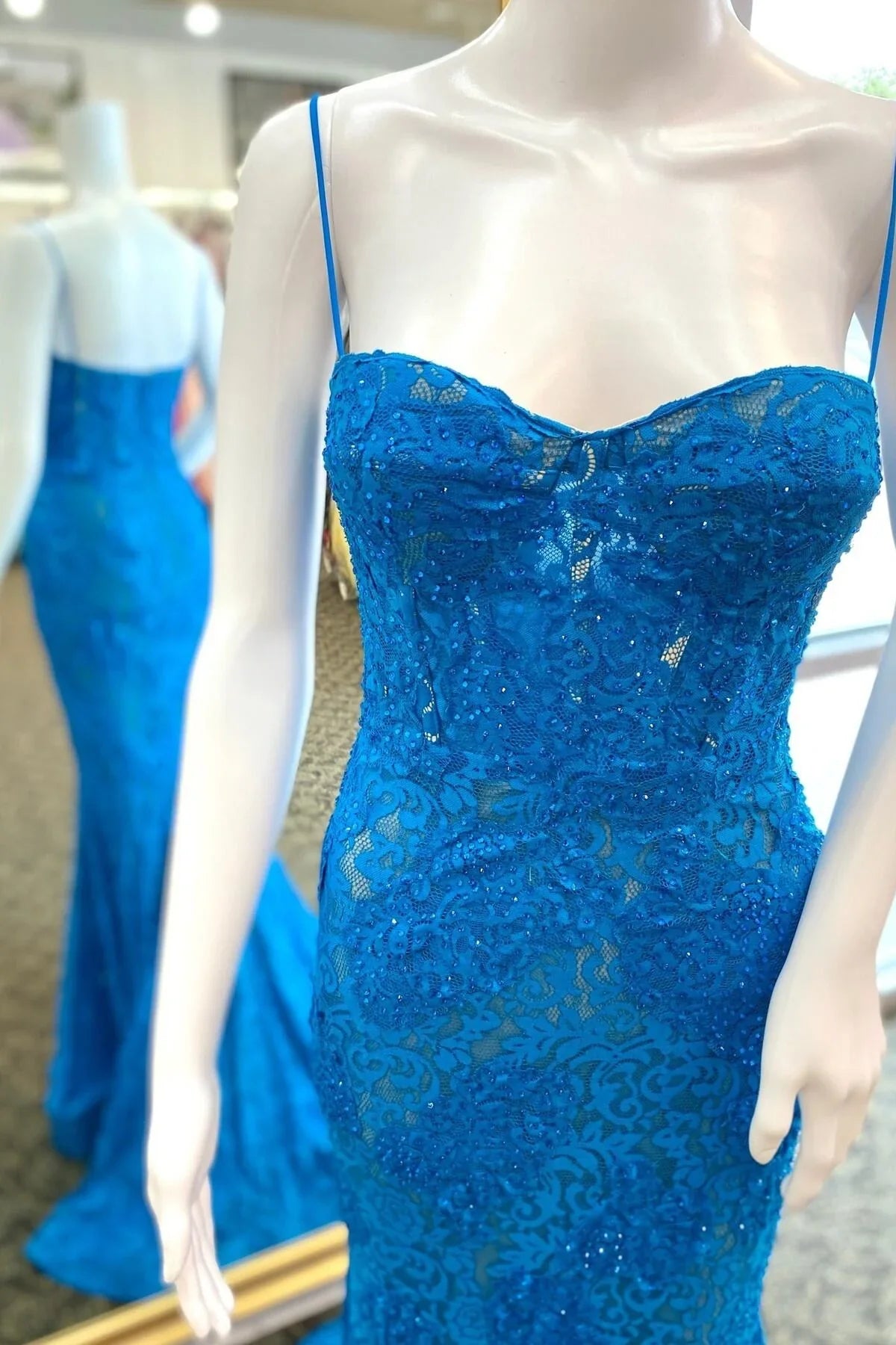Dress Off the Shoulder Spaghetti Straps Blue Mermaid Dress Lace Applique Maxi Dress Prom Dress