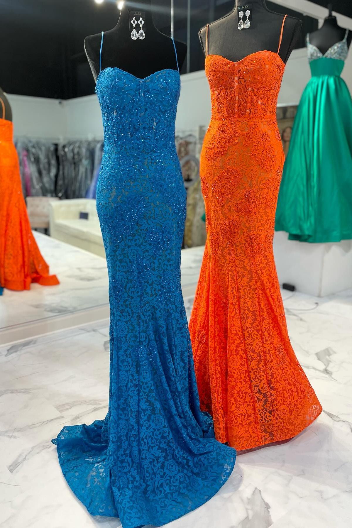 Dress Off the Shoulder Spaghetti Straps Blue Mermaid Dress Lace Applique Maxi Dress Prom Dress