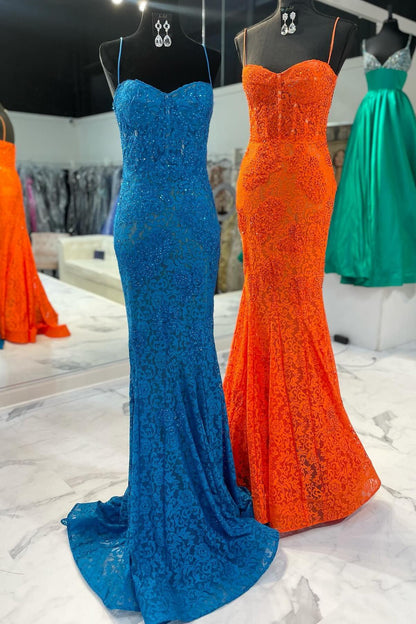 Dress Off the Shoulder Spaghetti Straps Blue Mermaid Dress Lace Applique Maxi Dress Prom Dress